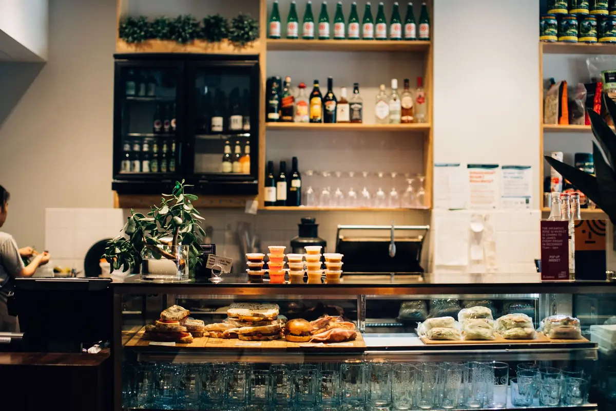 Café counter with prepared food and drinks on display
