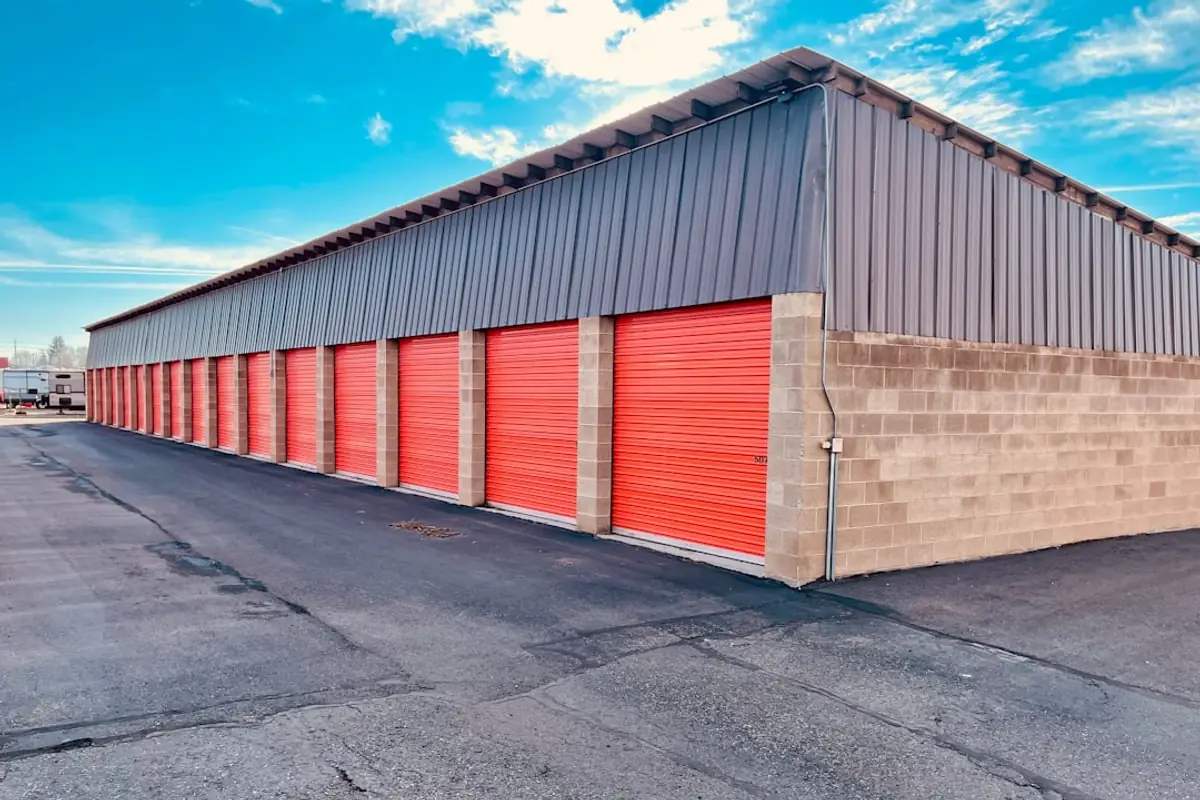 Rows of roll-up doors at a self-storage facility